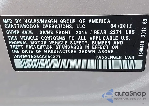 2012 Volkswagen Passat 2.5L Se из США, поврежденный, VIN 1VWBP7A38CC080377